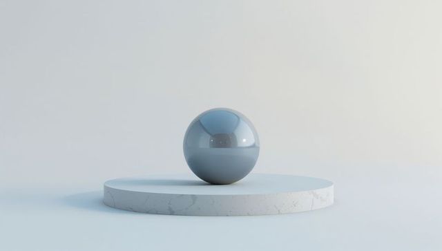 Shining Metallic Sphere Sitting on Marble Plinth with Soft Shadow and Reflective Surface