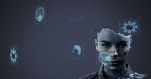 Woman with futuristic digital interface holograms