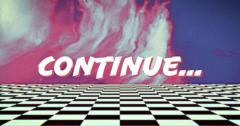 Retro gaming text with moving checkerboard and colorful background