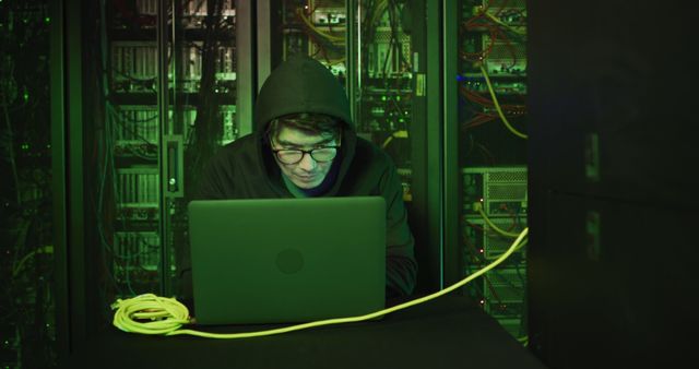 Asian male hacker in hoodie using laptop by computer servers. internet security, cyber crime, information technology, data processing and computer servers.