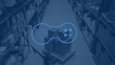 Gamepad Icon Over Warehouse Aisle Infused with Digital Interface Allegory