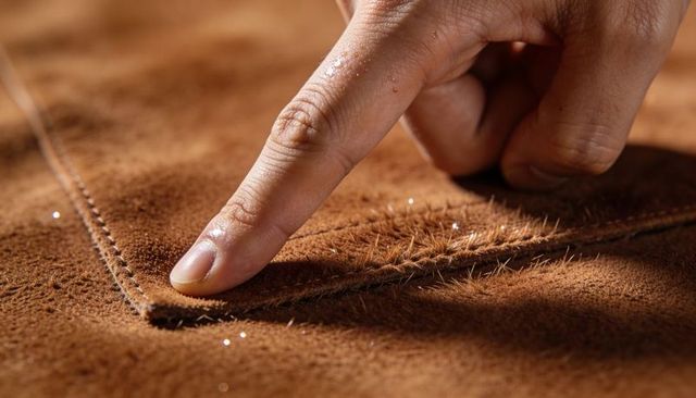 Pressing finger showing suede nap and water beading along brown suede seam macro detail
