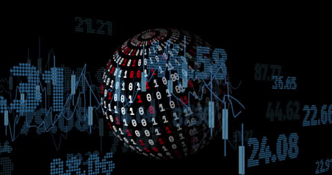 Globe Formed by Binary Code with Graphs on Dark Background