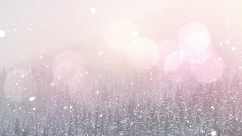 Bokeh Snow Falling Over Winter Forest