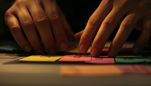 Arranging colorful sticky notes on desk for planning and brainstorming, closeup fingertips