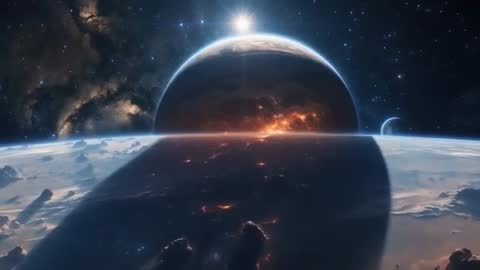 Illuminated Planet and Moon in Cosmic Nebula Galaxy