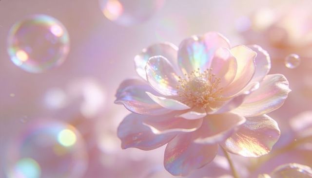 Iridescent pink blossom glowing with bubble bokeh, macro closeup of shimmering petals