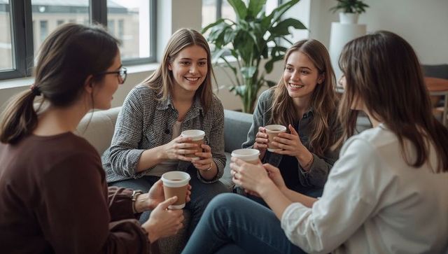 Four friends sharing coffee and conversation on cozy modern lounge sofa, smiling together