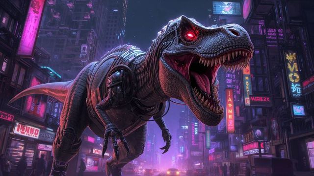 Cyberpunk robotic t-rex roaming futuristic city