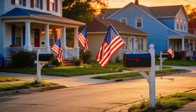 American flags lining suburban mailboxes at golden hour with warm sunset light