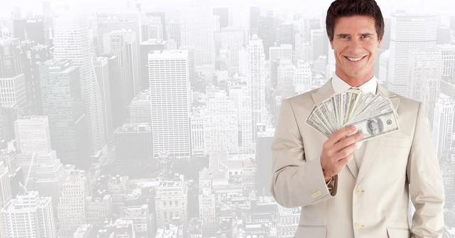 Digital composition of smiling businessman holding fanned currency against cityscape in the background
