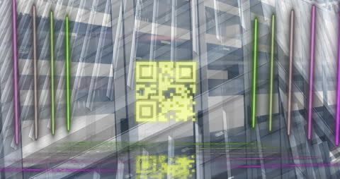 Neon Lines and QR Code Overlay with Modern Building