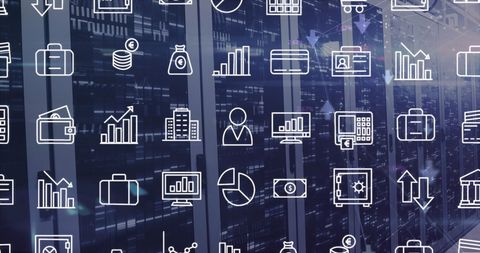 Digital Interface with Business Data Icons in Server Room - Download Free Stock Images Pikwizard.com