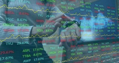 Business analyst viewing stock market ticker, hands clasped wristwatch reflection