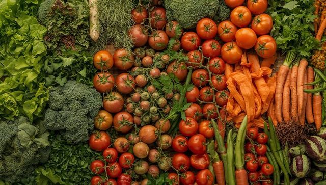 Overhead displaying vine-ripened tomatoes surrounded by colorful fresh vegetables and greens