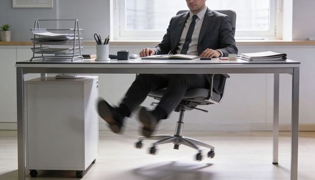 Executive in suit sitting at desk swinging legs while reviewing notebook and smartphone