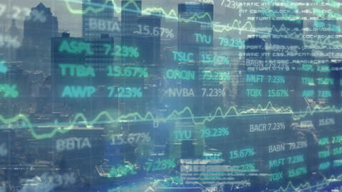 Dynamic Digital Trading Board with Graphs and Cityscape Background