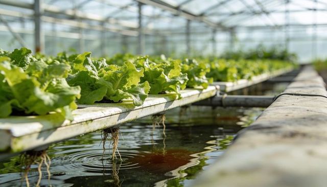 Hydroponic lettuce growing in greenhouse with exposed roots and nutrient water channels