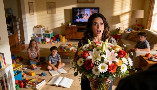 Startled mother clutching large bouquet in sunlit family living room with scattered toys