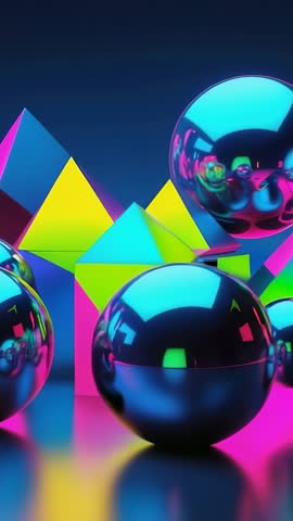 Vertical neon chrome spheres and pyramids panning across reflective floor futuristic abstract video
