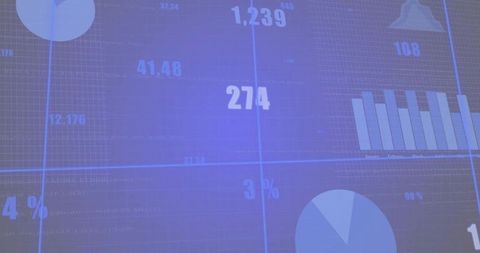 Blue Dashboard Projection Displaying Charts, Numbers and Metrics in Meeting Room