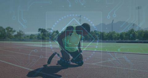 Athlete integrated with futuristic digital interface on track