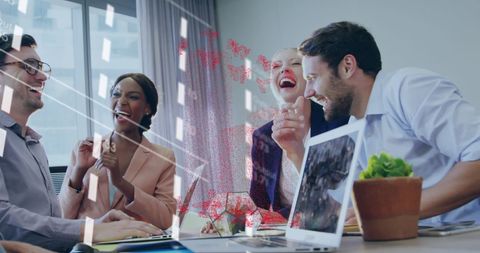 Diverse Team with Digital Data Overlay in Modern Office