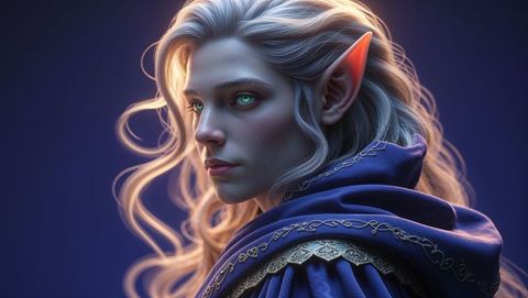 Elegant Female Elf with Glowing Eyes in Enchanted Setting