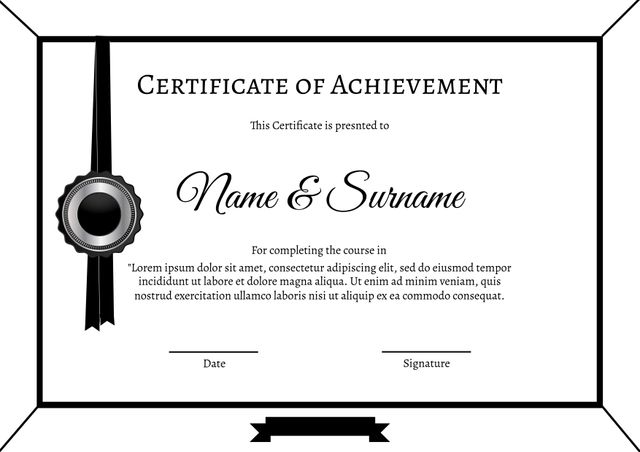 Elegant and professional certificate of achievement template featuring a black ribbon design. Ideal for academic achievements, corporate awards, course completions, and recognition of excellence. Customizable with recipient's name, course description, date, and signature.