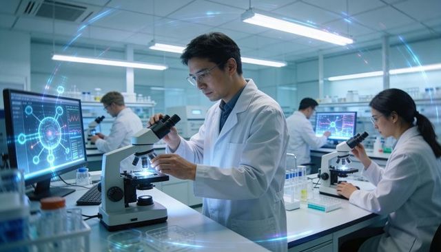 Asian scientist adjusting microscope in biomedical research lab with genomics data displays