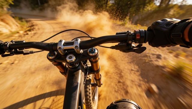 Riding mountain bike dusty singletrack gripping handlebars forging through golden dust