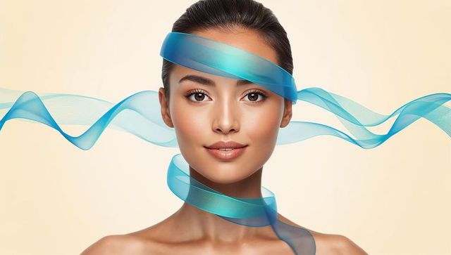 Smiling model posing with teal ribbon wrapping face and neck, radiant glossy makeup