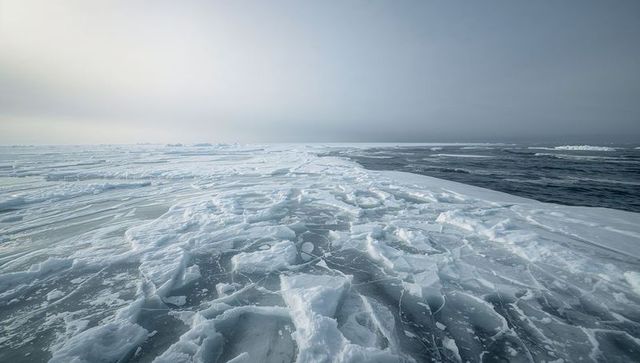 Fractured arctic sea ice stretching toward horizon with cracked floes, ridges and open lead