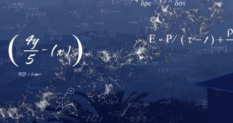 Glowing neural network over city rooftop with formulas and molecular diagrams
