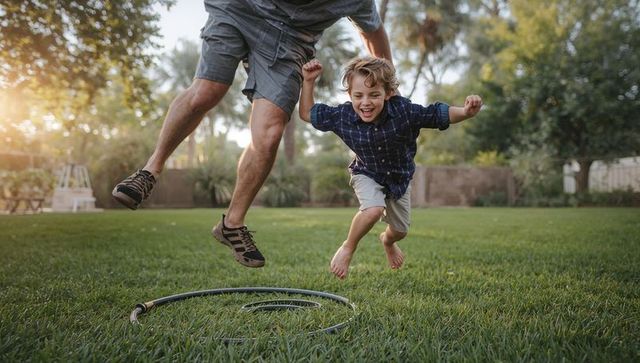 Father and son jumping over garden hose during golden hour backyard play