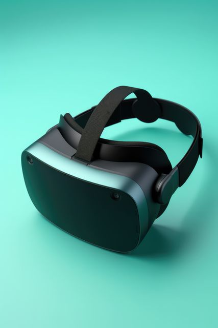 Black vr headset on blue background with copy space, created using generative ai technology. Virtual reality and digital interface technology concept digitally generated image.