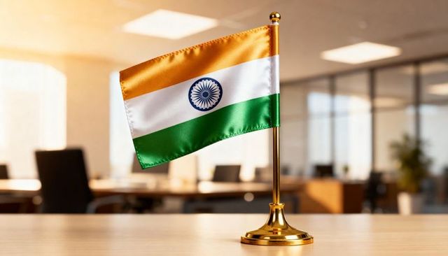 Desk indian flag on gold stand in sunlit modern office workspace for corporate branding