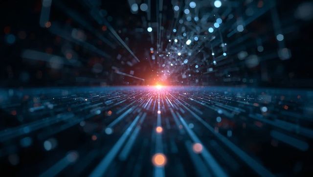 Streaming neon data tunnel converging toward orange-red core, futuristic digital motion