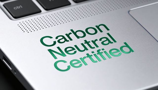 Carbon neutral certified badge on laptop palmrest highlighting sustainable technology