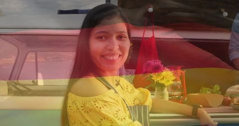 Smiling Woman Enjoying Farmers Market Beside Camper Van