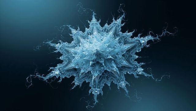 Glowing crystalline fractal hovering in dark teal gradient with spines and ethereal tendrils