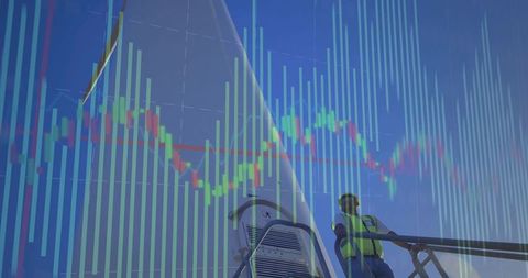 Worker on Scaffold Overlayed with Financial Candlestick Chart