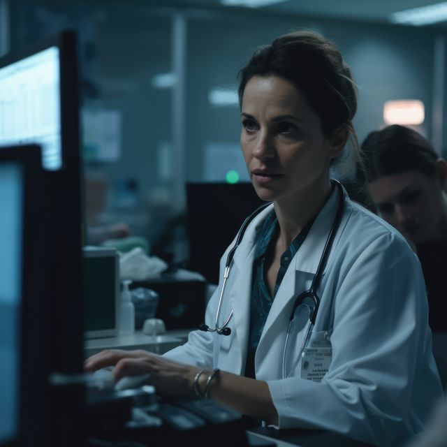 Busy caucasian female doctor using computer, created using generative ai technology. Medicine, healthcare, digitally generated image.