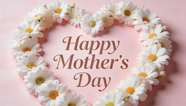 White daisy heart wreath framing happy mother's day text on pastel pink backdrop