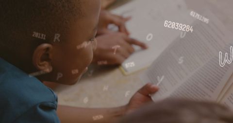 Enthusiastic students reading with digital numbers overlay