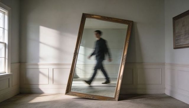 Blurry reflection of walking man in tilted gilt mirror in minimal panelled interior