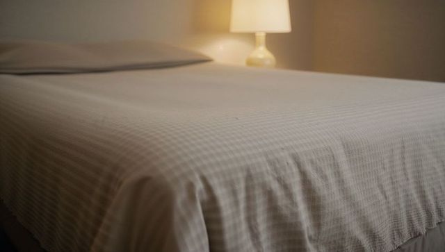 Showing minimalist bedroom featuring cream waffle bedspread, single pillow, ceramic lamp
