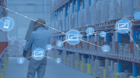 Warehouse Worker with Digital Icons Representing Connectivity