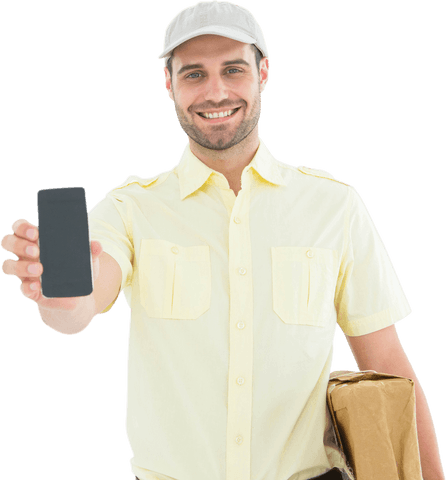 Smiling Delivery Man Displaying Transparent Smartphone Screen