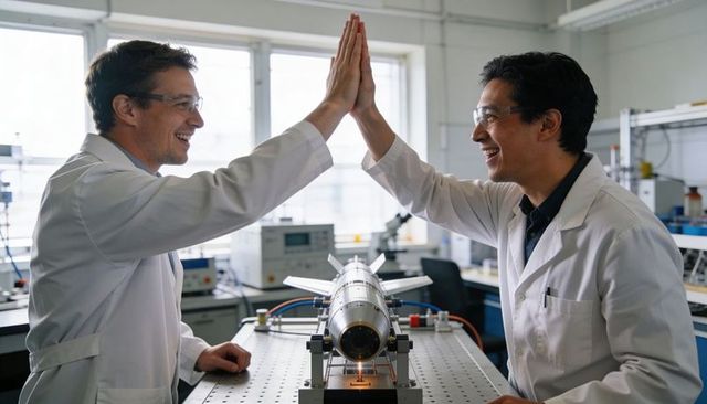 Engineers high-fiving over precision test rig after successful sensor experiment
